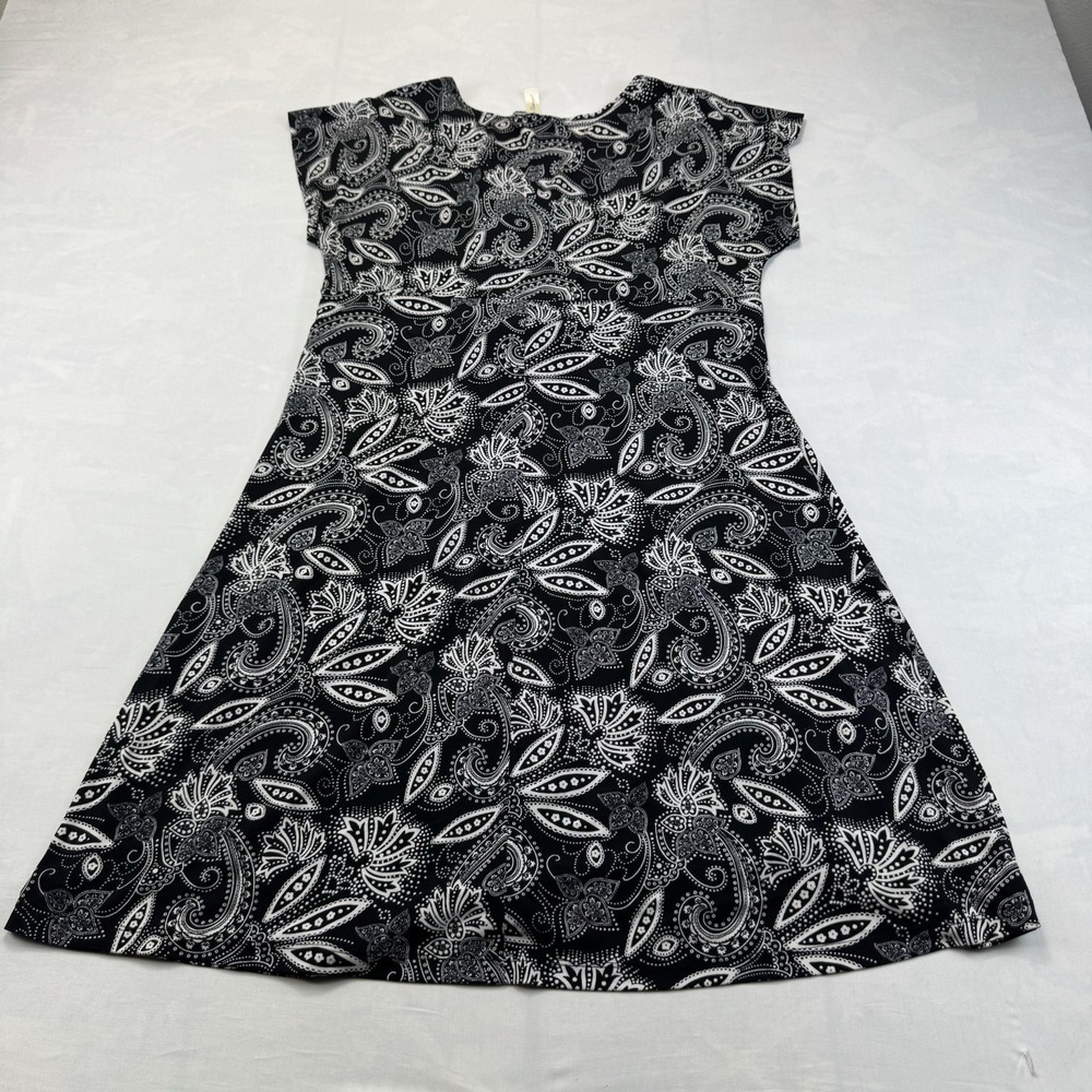 Women's XS Black White Paisley Faux Wrap Stretch Fit & Flare Boho Midi Dress